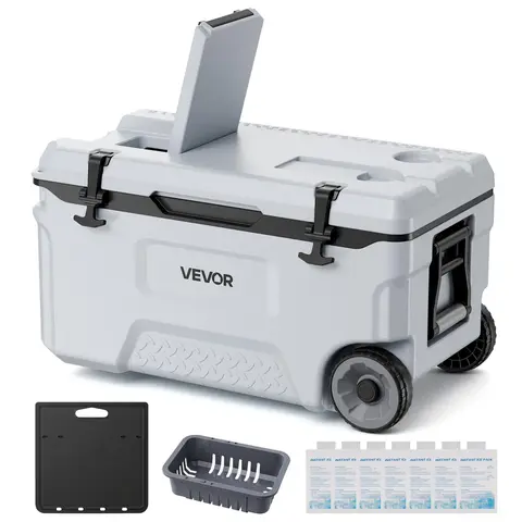 VEVOR 52QT Portable Travel Cooler with Wheels, Leak-Resistant PE Shell, Abrasion Resistant Coolers with 3-Layer 48-Hour Insulation, Lightweight Camper Cooling Solutions for Outdoor Trips, Cool Outdoor Stuff