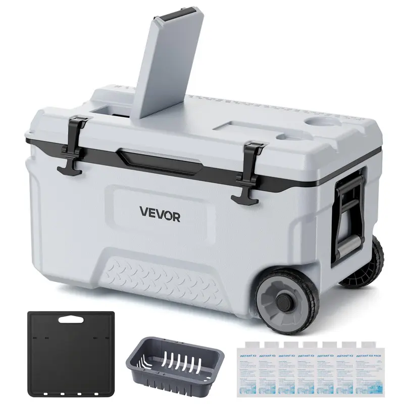 VEVOR 52QT Portable Travel Cooler with Wheels, Leak-Resistant PE Shell, Abrasion Resistant Coolers with 3-Layer 48-Hour Insulation, Lightweight Camper Cooling Solutions for Outdoor Trips, Cool Outdoor Stuff