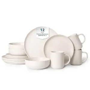 12-Piece Stoneware Dinnerware Sets with Mugs | Microwave & Dishwasher Safe | Non-Toxic Dinner Plates Bowls Set | Stackable Matte Glaze Kitchenware for 3