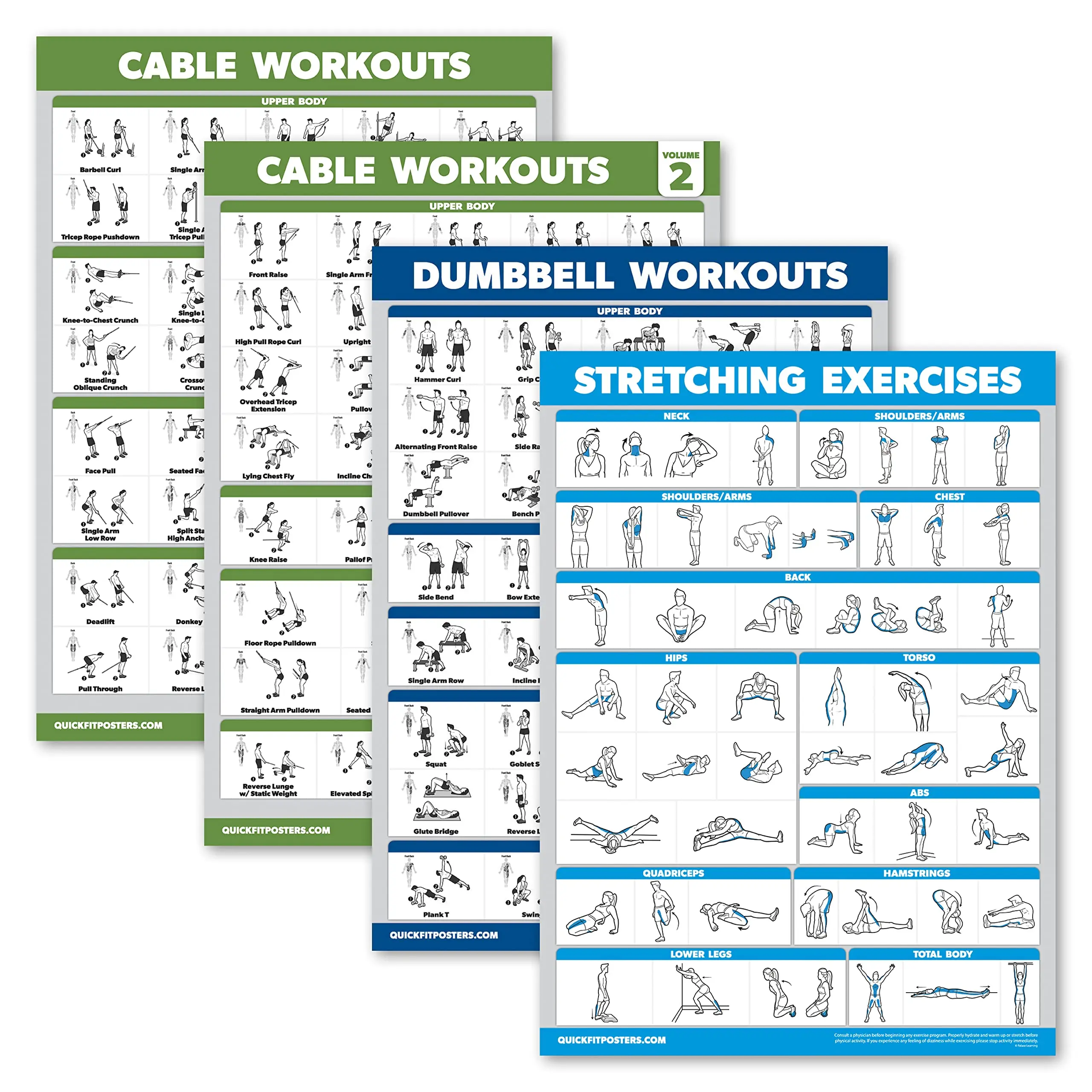 4 Pack - Cable Machine Workout Posters Volume 1 & 2 + Dumbbell Exercises + Stretching Exercises (LAMINATED 18" x 24")