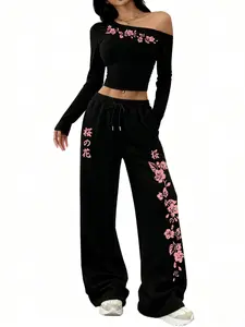Women's Casual Two-Piece Set with Off-Shoulder Slim-Fit Long Sleeve Top and Loose Pants, Floral Cherry Blossom Print, Perfect for All Seasons