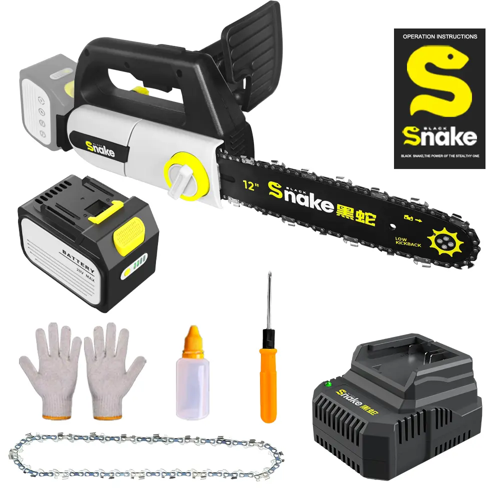 The Black Snake 12-inch cordless brushless electric chainsaw features two 20V 6000mAh rechargeable batteries, a tool-free rotating knob for chain tension adjustment, and an automatic oiling safety lock.  It is suitable for tree pruning and wood cutting.