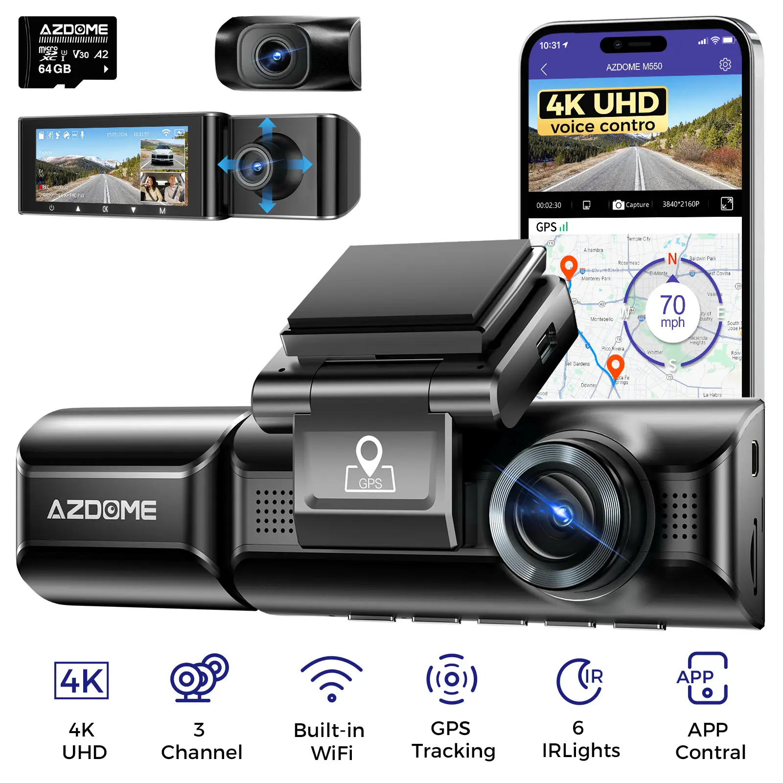 AZDOME M550 3 Channel Dash Cam, Front Rear and Inside 3 Cameras, Built-in WiFi & GPS, Free 64GB Card 24H park monitor 3-Lens Dash Cam with Loop Record