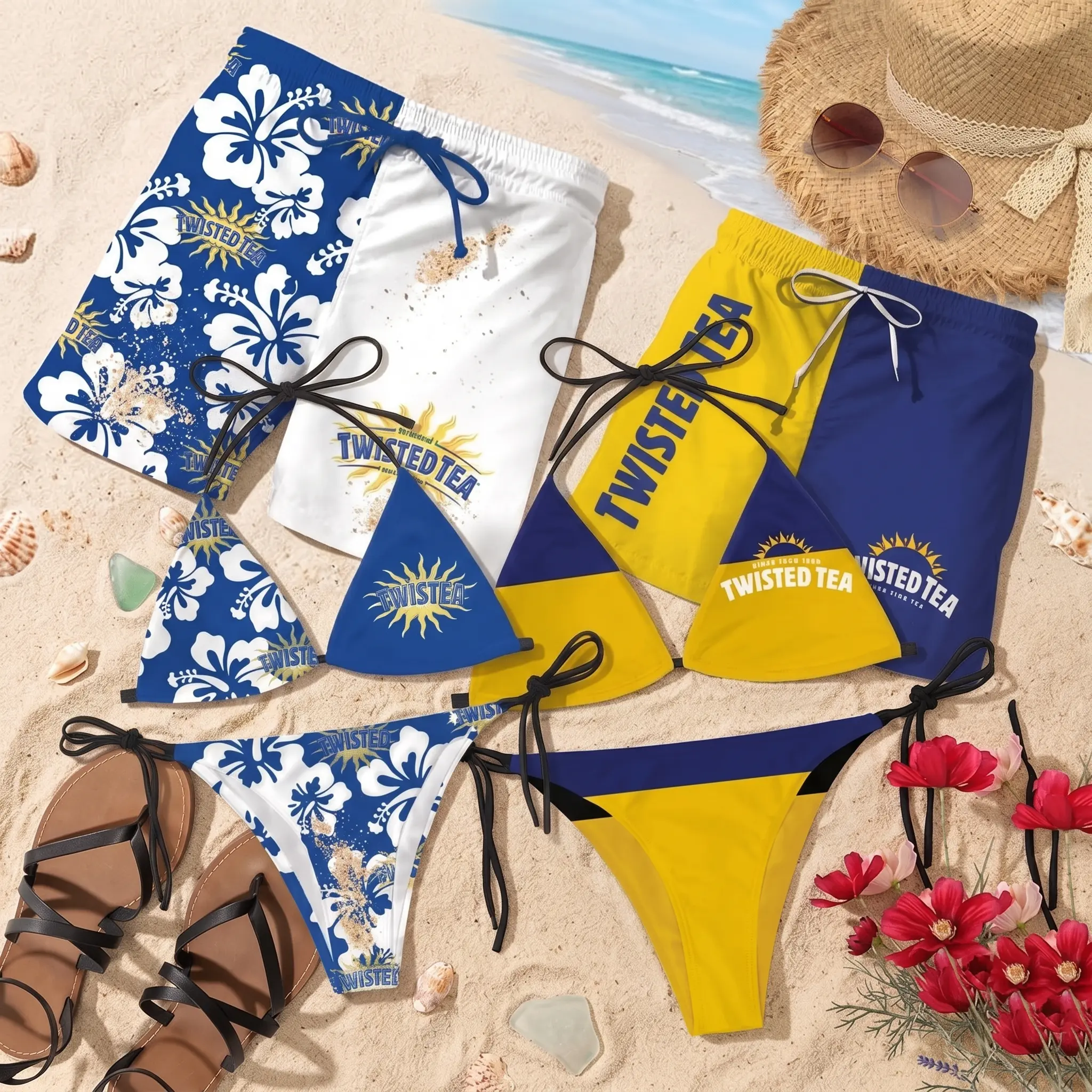Twisted Tea Beachwear Collection, Matching Couples Bikini and Men Swim Trunks Set, Blue Yellow Floral Hawaiian Swimwear, Iced Tea Logo Summer Outfit, Pool Party Vacation Gift for Men Women Beach Lovers