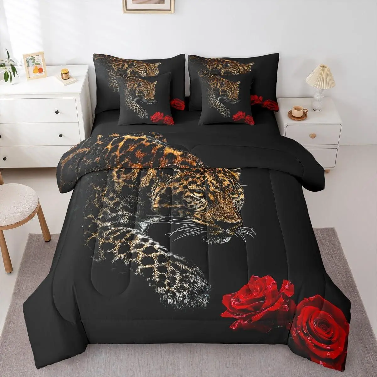 Feelyou 7-Piece Queen Leopard Comforter Set - Cheetah Bed-in-a-Bag with Rose Flower Comforter, Sheets, African Savanna Animal Themed Bedding Sets, Queen Comforter Set