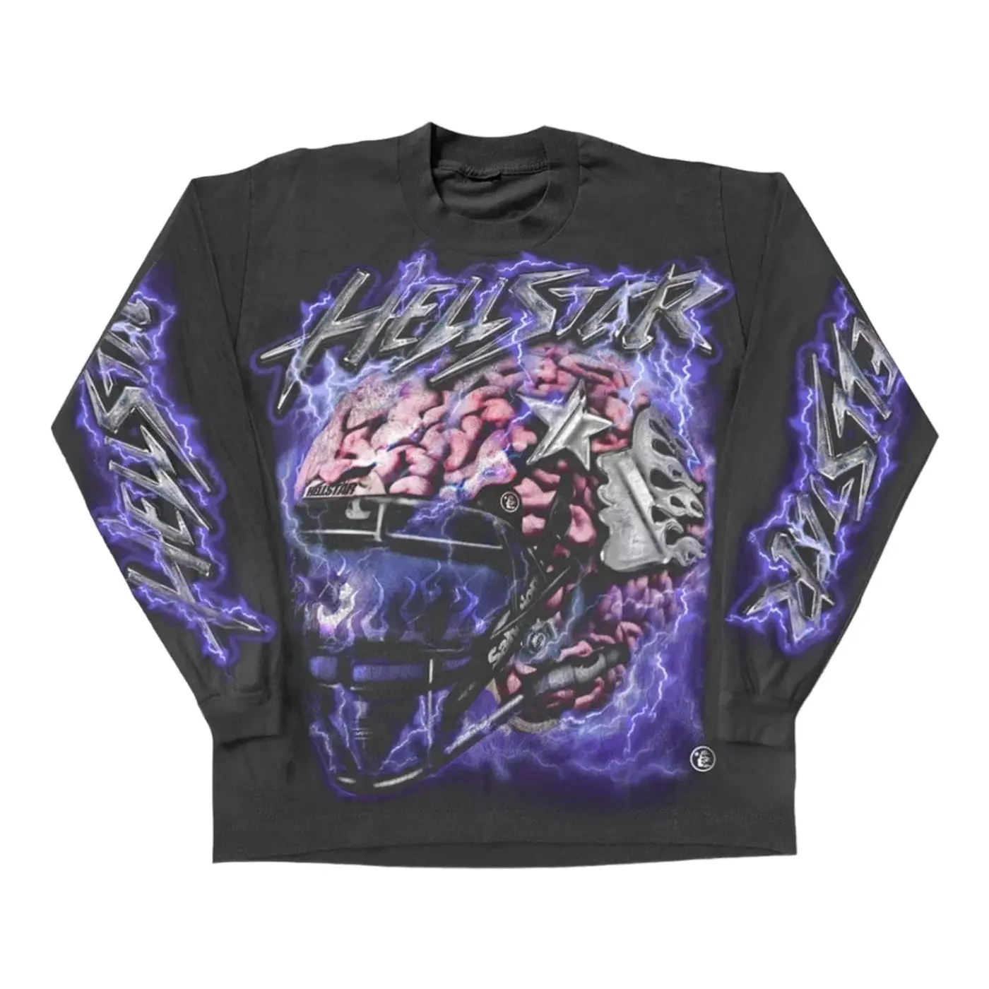 Men's Hellstar 'Brain Helmet' Graphic Ribbed Relaxed Fit Black Long-Sleeve Tee, Menswear Tops
