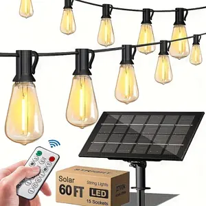 2024 Solar Powered String Light 48FT 60FT 120FT with Remote Control 8 Light Modes, Shatterproof LED Bulb Outdoor Strand Patio Light for Backyard Porch Cafe, Large Solar Panel