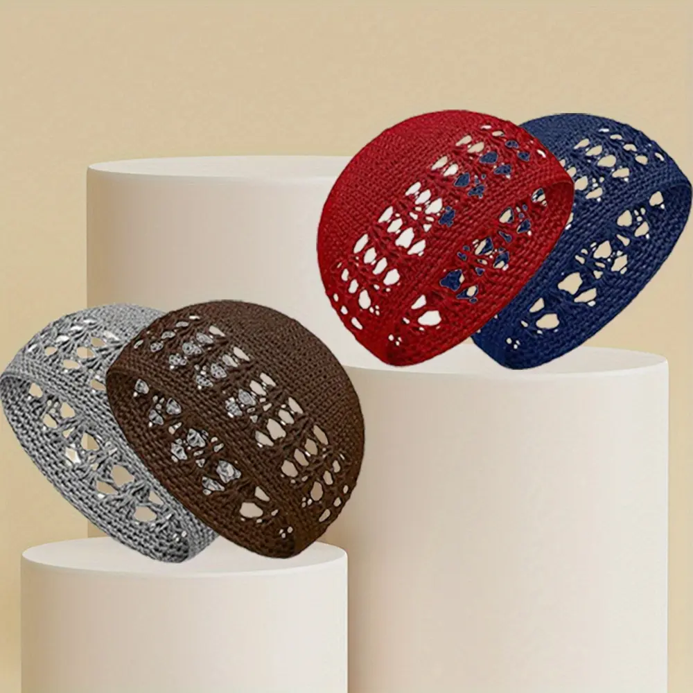 Unisex Stretchy Textile Fabric Crochet Kufi Caps Set (4-Pack) - Muslim Sports Skull Beanies for Ramadan, Daily Wear, 1 Size Fits Most, Hand Wash or Professional Dry Clean, Mixed Color
