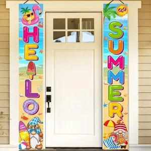 1pc， Hello Summer Gate Banner Couplet, Summer goblin beach gate decoration, polyester material, suitable for indoor and outdoor use, Hawaii Tiki party supplies, home decoration, room decoration, wall decoration