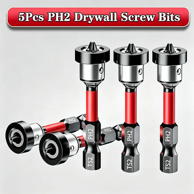 5-Piece Plasterboard Drywall Bit Set, 50mm, PH2 Drive, Magnetic PH2 Bits, 1/4-Inch Hex Shank, Adjustable Depth Limiter, Countersinking Attachment, Accurate Positioning for Drywall Work, Compatible with Cordless Screwdrivers, Father’s Gift
