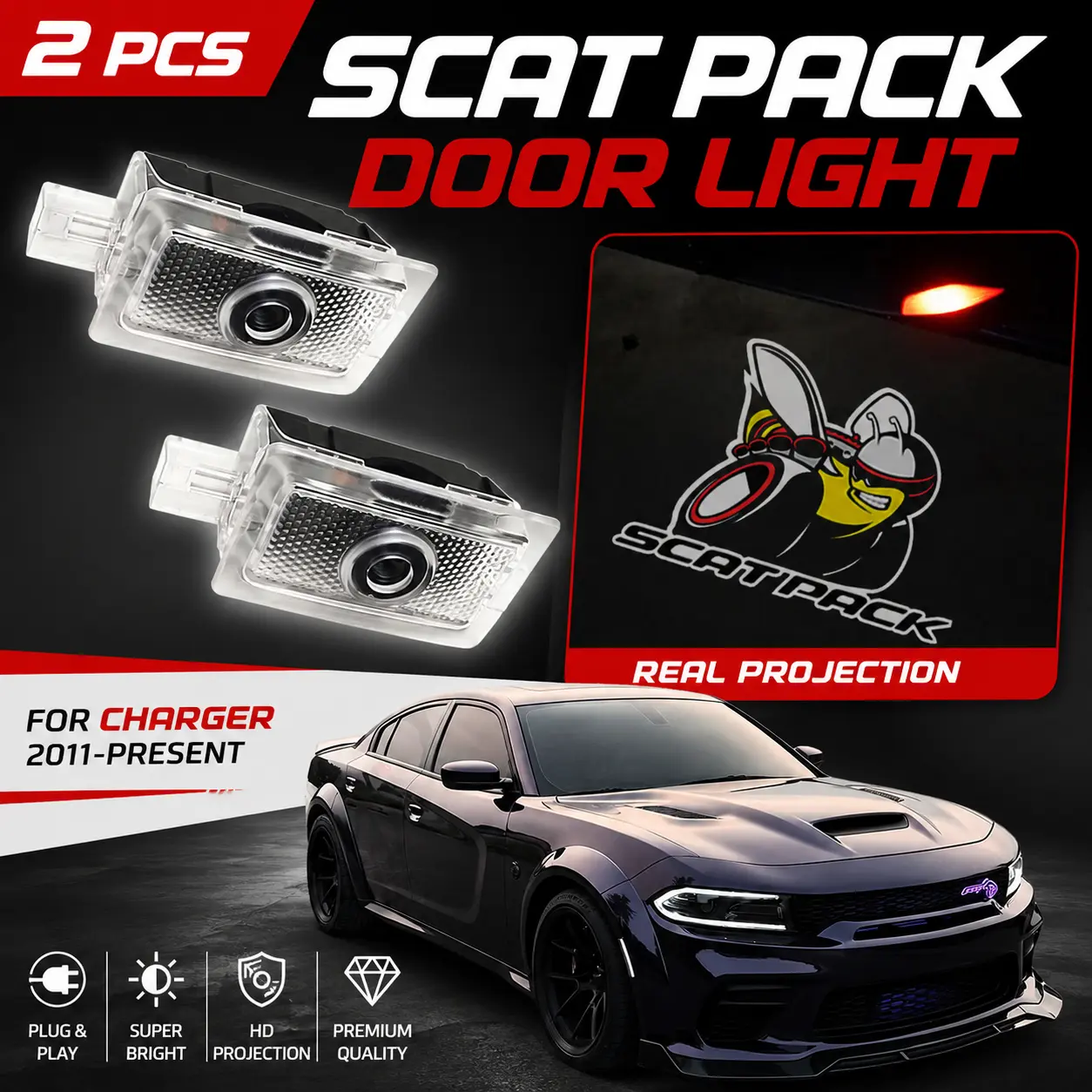 (Scat Pack)2 Pcs Never Fade Door projector Light Logo, Projection Ghost Shadow Welcome Puddle Light Compatible with Challenger Charger Accessories 2011-Present Car door light