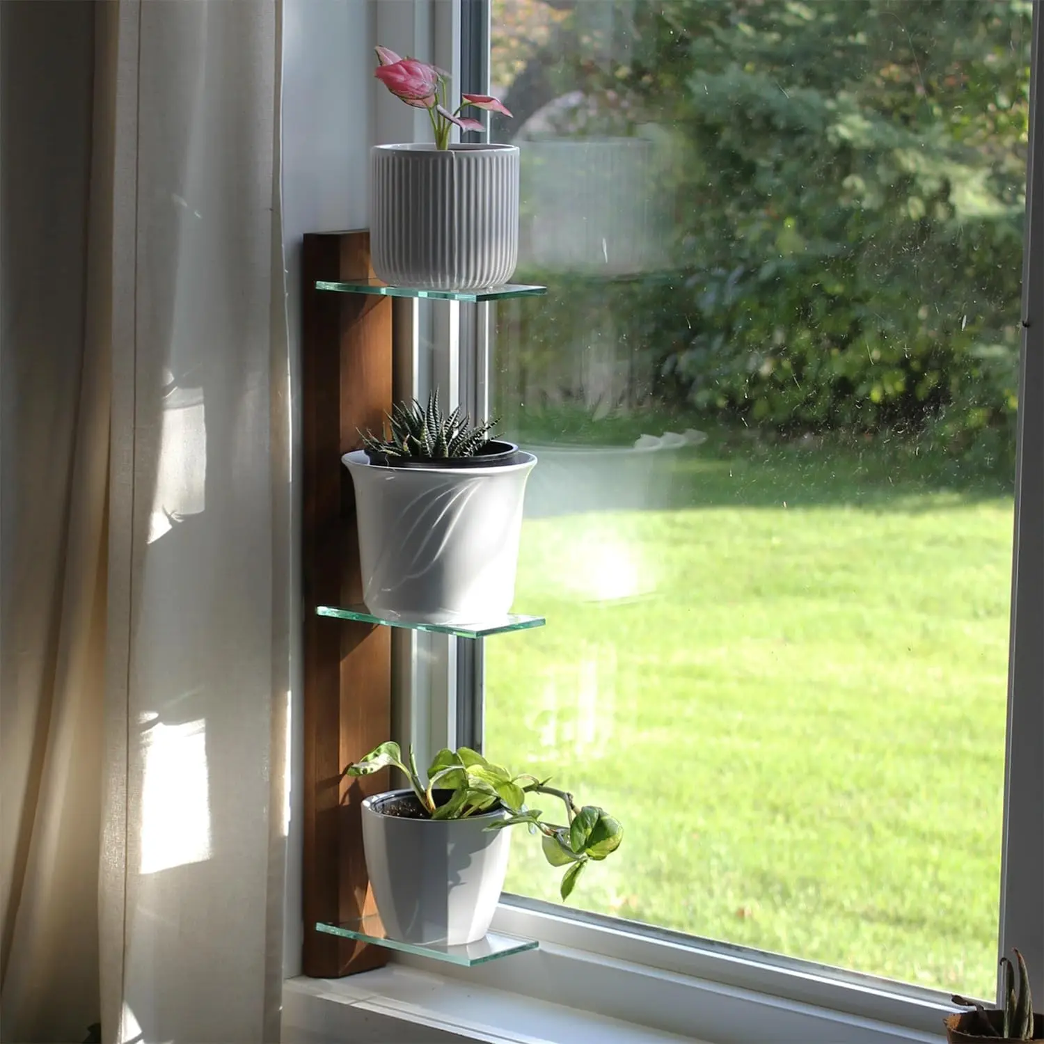 3 Tiered Window Sill  Shelf (Real  & Glass) | Renter Friendly Window Shelves | Removable Indoor  Stand with Hook-and-Loop | Easy Setup | Solid  (Woodland Brown)