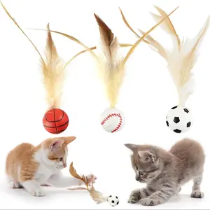 3-Piece Feather Set, Cat Toy Bouncy Feather Ball for Self-Entertainment, Durable Chew & Scratch Interactive Toy with Feather Wand Interactive Bouncing Feather Ball Toy, Mini Bouncy Design, Suitable for Indoor/Outdoor Play, Basketball/Baseball/Soccer Ball