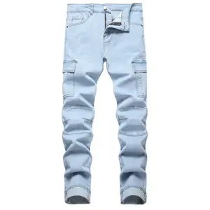JUNBAOSS Men's Slim Fit Stretch Jeans Cargo Skinny Jeans for Men, Distressed Straight Leg Fashion Casual Comfort Flex Waist Denim Pants, Menswear Trouser Streetwear Jean with Plain Pockets Classic Cotton