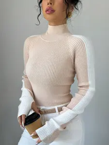 Women's Colorblock Mock Neck Sweater - Slim Fit Ribbed Knit Long Sleeve Pullover Top - Stylish Lightweight Soft Stretchy Fall Winter Basic Jumper - Trendy Casual Elegant Knitwear for Work, Date, Travel, Layering - Beige White Contrast Design