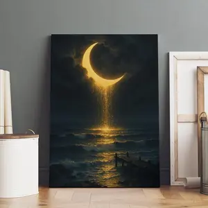 [sale off up to 40%] [Frame Canvas] Moon Over Ocean Canvas Wall Art, Tranquil Nature Scene Wall Decor, Surreal Night Sky Painting, Crescent Moon, Mystical Gift for Moon Lovers