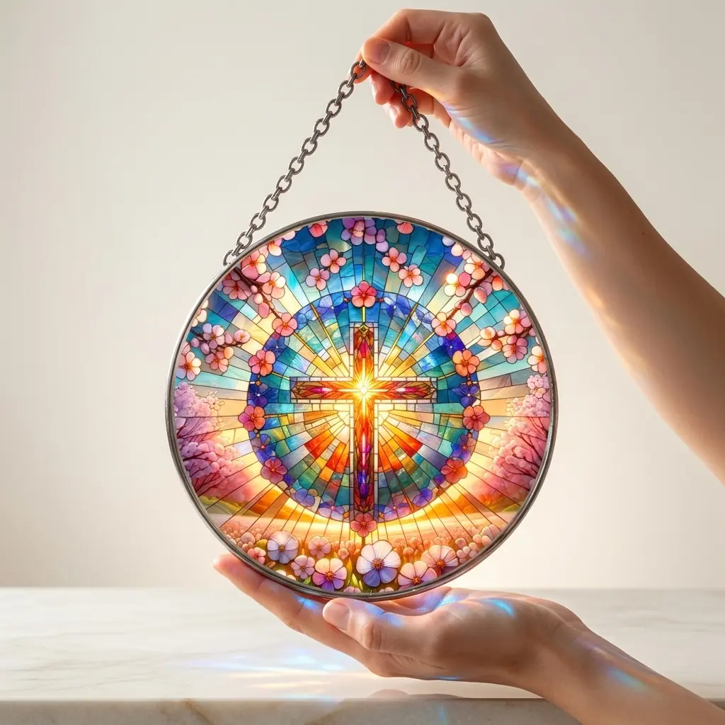 Cross Mandala Suncatcher Stained Glass Window Hanging, Spiritual Sun Catcher, Christian Home Decor, Spiritual Sun Catcher Christian Glass