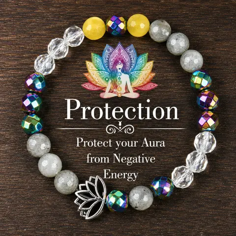 ARPURRAINA Natural Stone Protection Bracelet - Guard Sparkling Artificial Crystal Bead Bracelets & Bangles, Meditation Yoga Lotus Gift, Amatista Colorblock Chakra Unity Jewelry