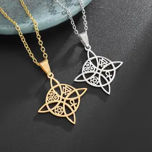 Charm Witch Knot Necklace Pendant Stainless Steel Valknut Triskelion Ankh Pentagon Amulet Jewelry Lucky Gift for Women