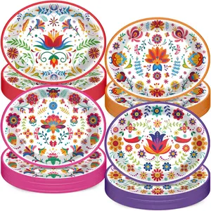 48pcs Mexican Fiesta Party Oval Paper Plates 11in Mandala Floral Themed Dinner Plates Spanish Colorful Mayo Datura Flower Supplies For Birthday Mexico Fiesta Colored Party Decorations Favors