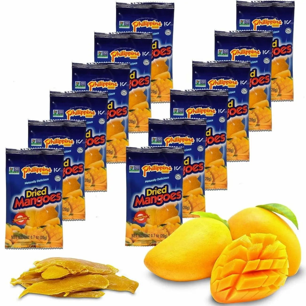 Philippine Brand Dried Mangoes Fruit Snacks- All Naturally Gluten Free, Vegan, Hand-Selected Delicious Fresh Mangos from Philippines, Grab and Go Perfect for Office & School Food (.7oz (12 pack))
