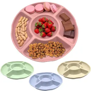 Set of 4 Round Snack Plates with 5 Compartments - Stackable Plastic Fruit & Candy Bowls - Colorful Reusable Snack Dispensers for Desserts and Parties - Salad Serving Plates