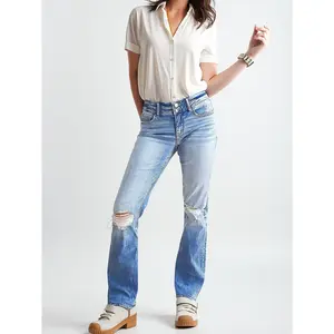 Vintage Boyfriend Jeans for Women, Light Wash Distressed Streetwear Denim with a Double Button Waist, Fitted, Bottom