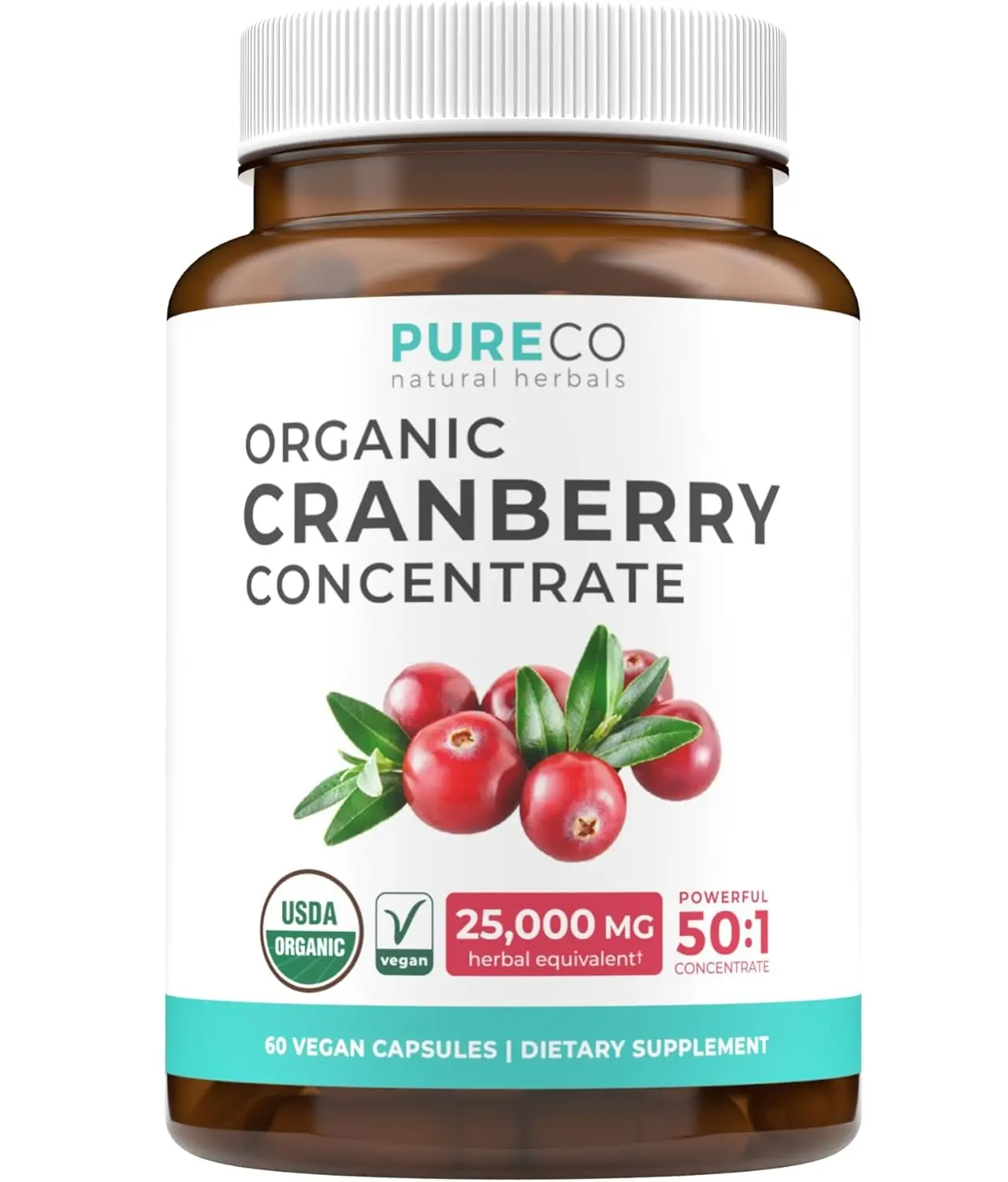 Organic Cranberry Pills - 50:1 Concentrate Equals 25,000mg of Fresh Cranberries (Vegan) for Urinary Tract Health & Kidney Cleanse - Cranberry Pills for Women - UTI Support Supplement - 60 Capsules