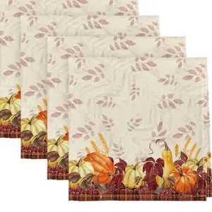 Cloth Napkin 18 x 18 Inch, Thanksgiving Autumn Harvest Pumpkin Leaf Red Party Dinner Decoration Washable Napkins Set of 4
