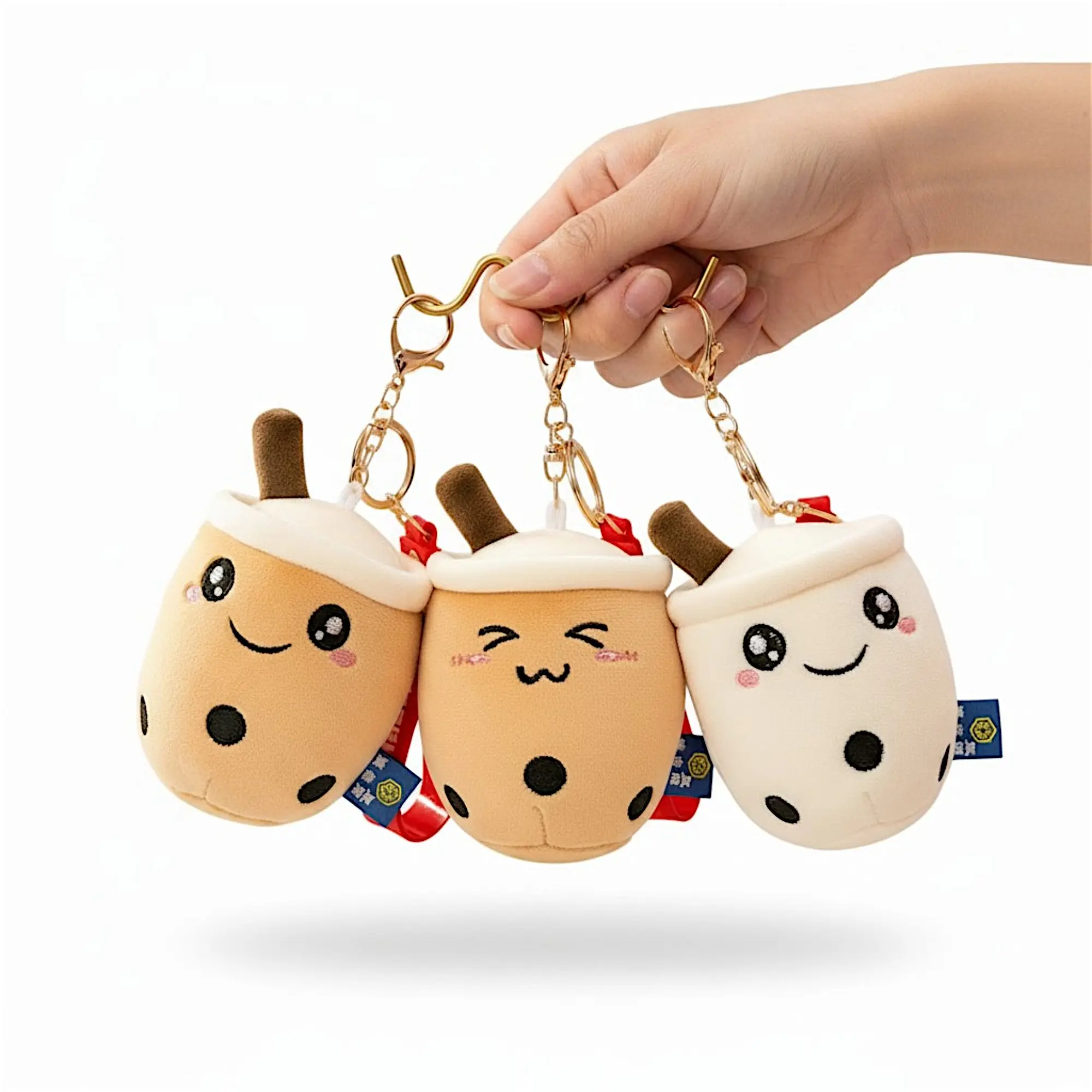 3-Pack Kawaii Soft Fabric Boba Keychains, Embroidered Face Collectible Bag Charms for Daily Purse Styling