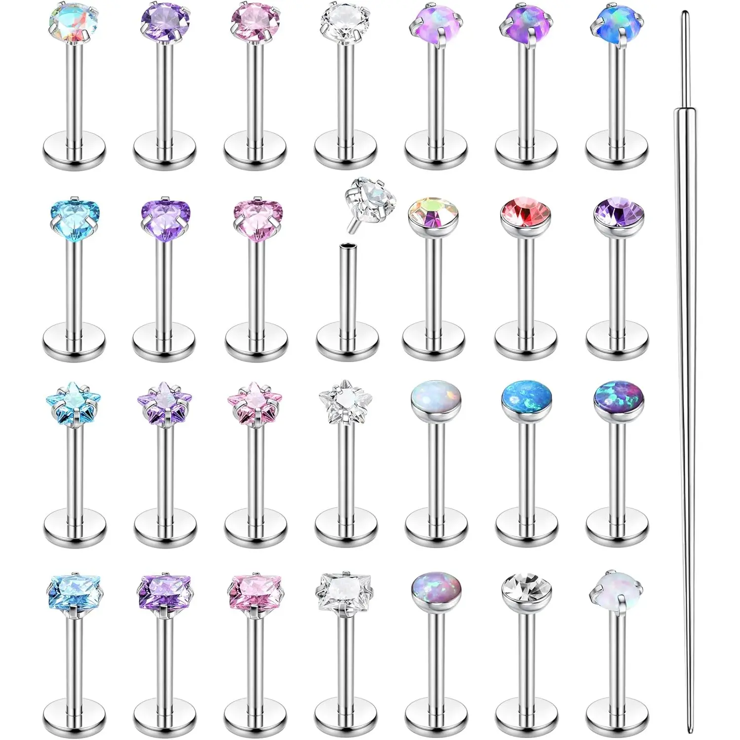 MILACOLATO 28Pcs Threadless Nose Rings Studs Set Surgical Steel Lip Nostril Labret Medusa Piercing Jewelry Push in Tragus Conch Helix Flat Back Earrings for Women Men 16G 18G 20G 6/8mm, Nose Piercing, Unisex