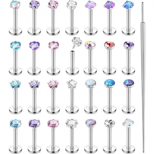 MILACOLATO 28Pcs Threadless Nose Rings Studs Set Surgical Steel Lip Nostril Labret Medusa Piercing Jewelry Push in Tragus Conch Helix Flat Back Earrings for Women Men 16G 18G 20G 6/8mm