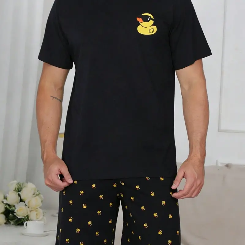Men's Duck Print Pajama Set, Summer Short Sleeve T-Shirt + Shorts, Casual Home Wear Two-Piece Set, Comfortable Sleepwear, Two Piece Loungewear, Pjs