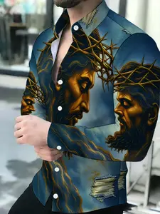 Men's Novelty Jesus Christ Crown of Thorns Graphic Print Long Sleeve Shirt
