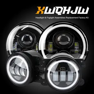 XWQHJW 7" INCH Halo LED Headlight DRL&4" Fog Lights Combo Kit Compatible with Hummer H2 H3T 2005 2006 2007 2008 2009 2010 Car Accessories Headlamps