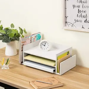 3-Tier Vintage White Wood Office Desktop File & Document Tray and Mail Sorter