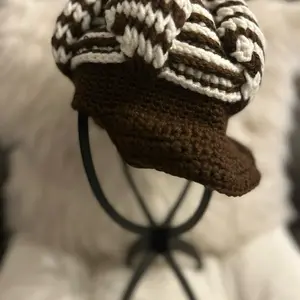 Winter Hat - Cozy Knitted Brown Beanie with White Stripes for Warmth