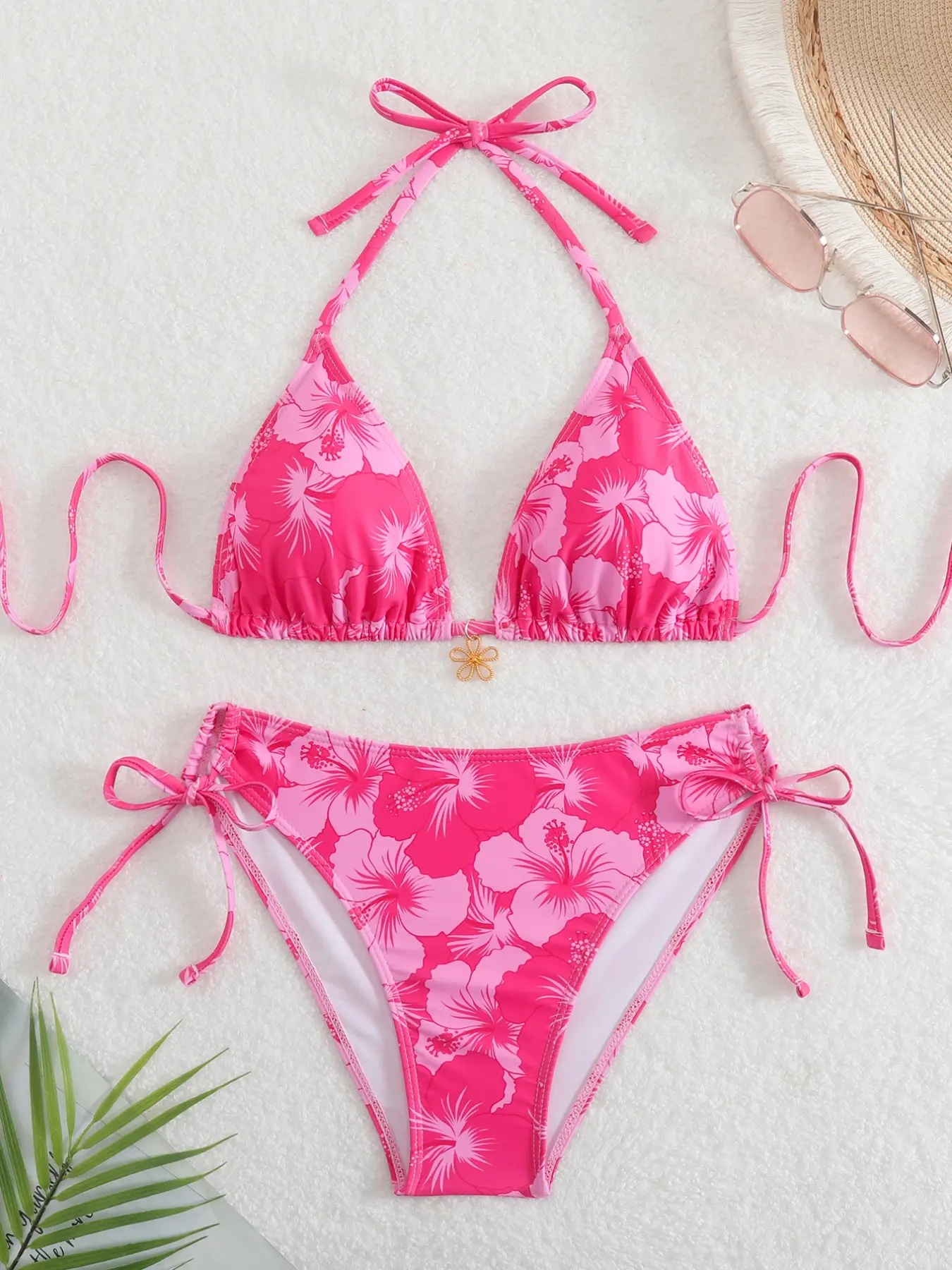 Women's High Waist Bikini Set, Thin Strap Floral Design, Flower Print Swimsuit, Two-Piece Swimsuit, Perfect for Beach Vacation and Summer Casual Wear