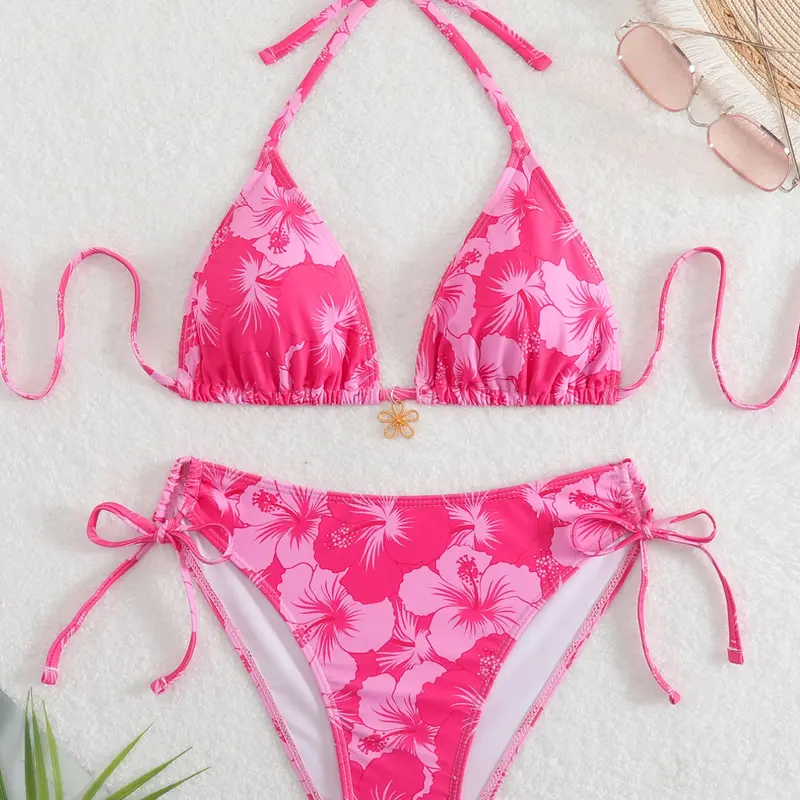 Women's High Waist, Thin Strap Floral Print Design, Two-Piece Swimsuit, Bikini Sets, Perfect for Beach Vacation & Summer