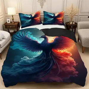 2/3 Pcs Fire Phoenix Soaring In The Sky Duvet Cover Set,High-Definition Digital Printed Bedding Set(1* Duvet Cover+1/2* Pillowcase,No Filling)100% Polyester Fiber Soft,Breathable Bedroom,Guest Room Decoration,Machine Washable,Perfect Holiday Gift