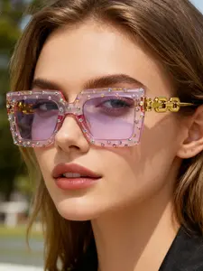 Unisex Rhinestone Pearl Sunglasses, Square Frameless Metal Sun Glasses, Vintage Gradient Legs, Perfect for Travel Beach Party