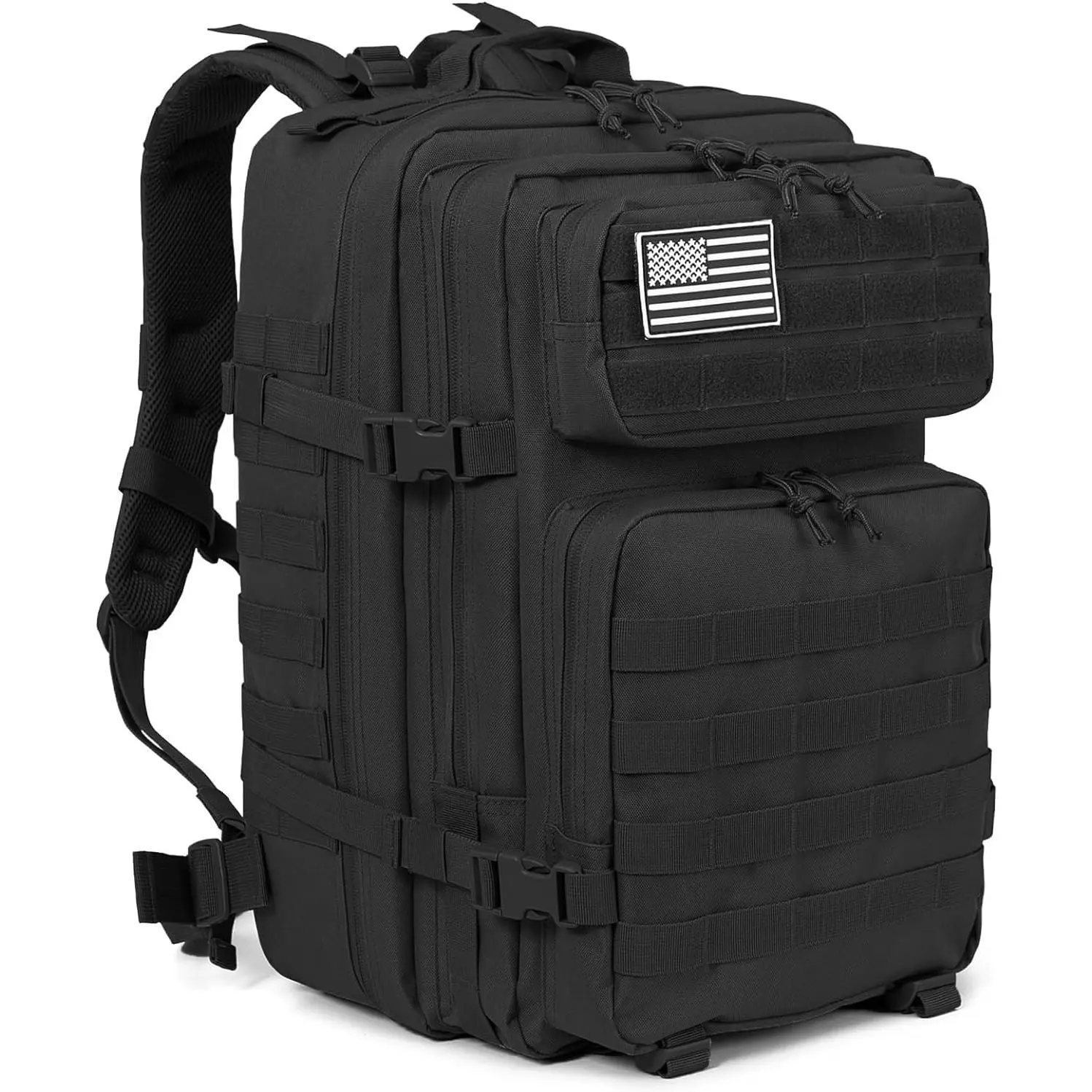 50L Outdoor Tactical Backpack, 3-Day Highland Assault Large Survival Kit, Shelter Bag, Molle Multi-Function System, Abrasion Resistant, Camping, Hiking, Traveling, FishingBlack Backpack with U.S. Flag Patch