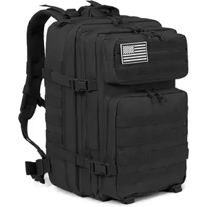 50L Outdoor Tactical Backpack, 3-Day Highland Assault Large Survival Kit, Shelter Bag, Molle Multi-Function System, Abrasion Resistant, Camping, Hiking, Traveling, FishingBlack Backpack with U.S. Flag Patch