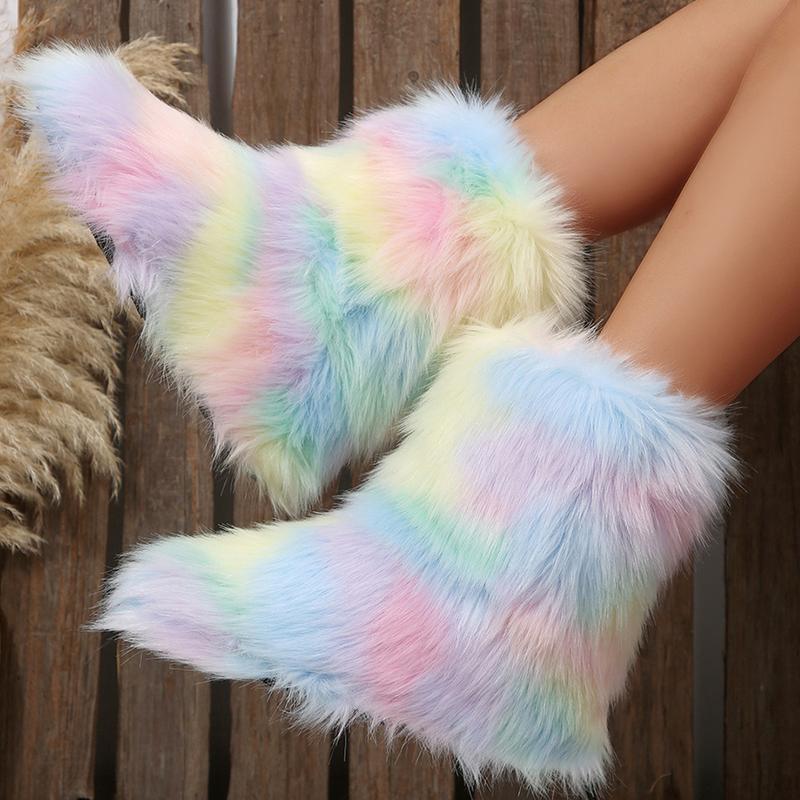 Women's Plush Boot Furry Fluffy Comfortable Mid-Calf Boots Round Toe Warm Lined Snow Boots Y2K Outdoor Outdoor Fashion Boots Shoes