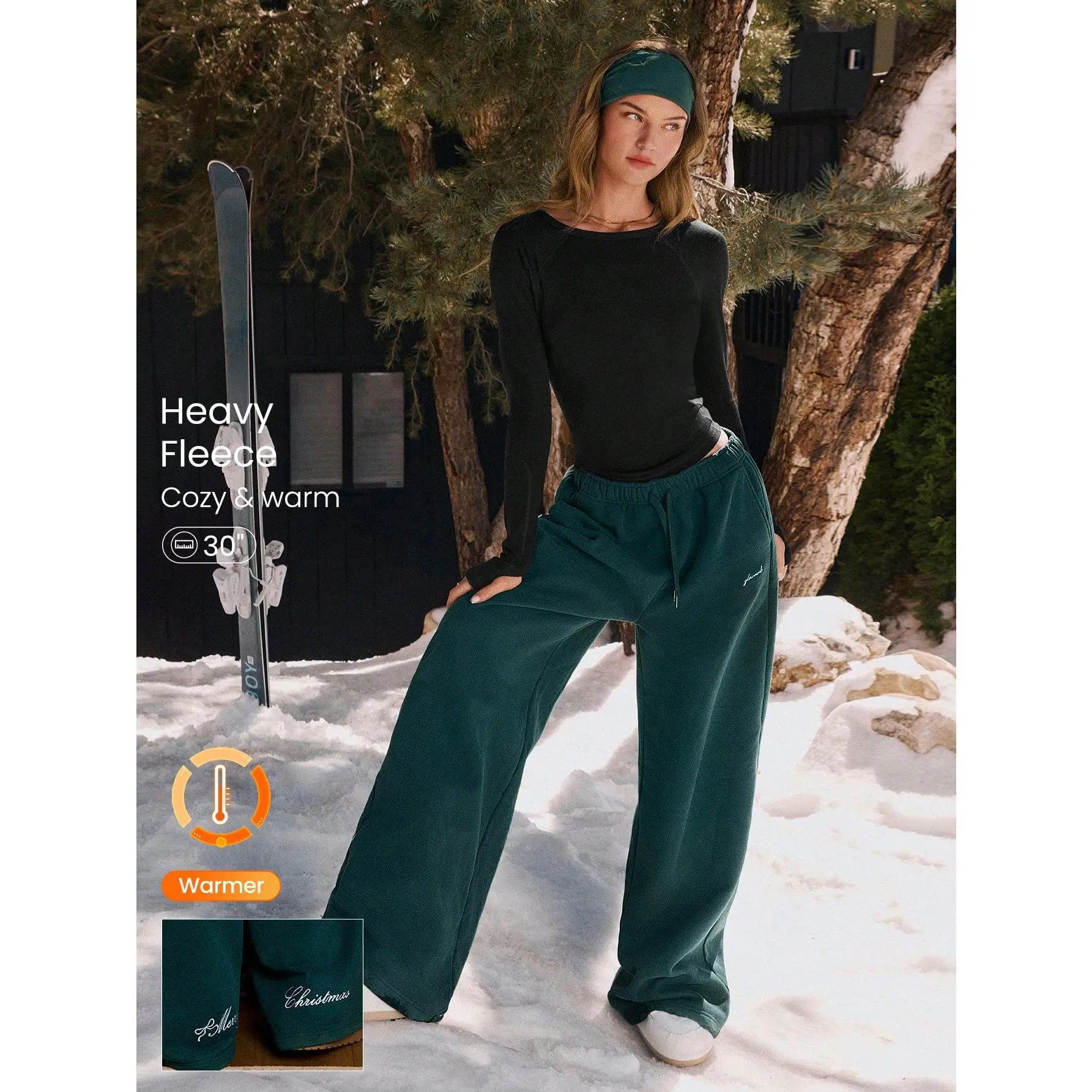 GLOWMODE Very Merry Heavyweight Fleece Soft Plush Wide Leg Embroidered Drawstring Sweatpants Holiday Christmas Autumn Winter Outdoors Daily Casual Wear