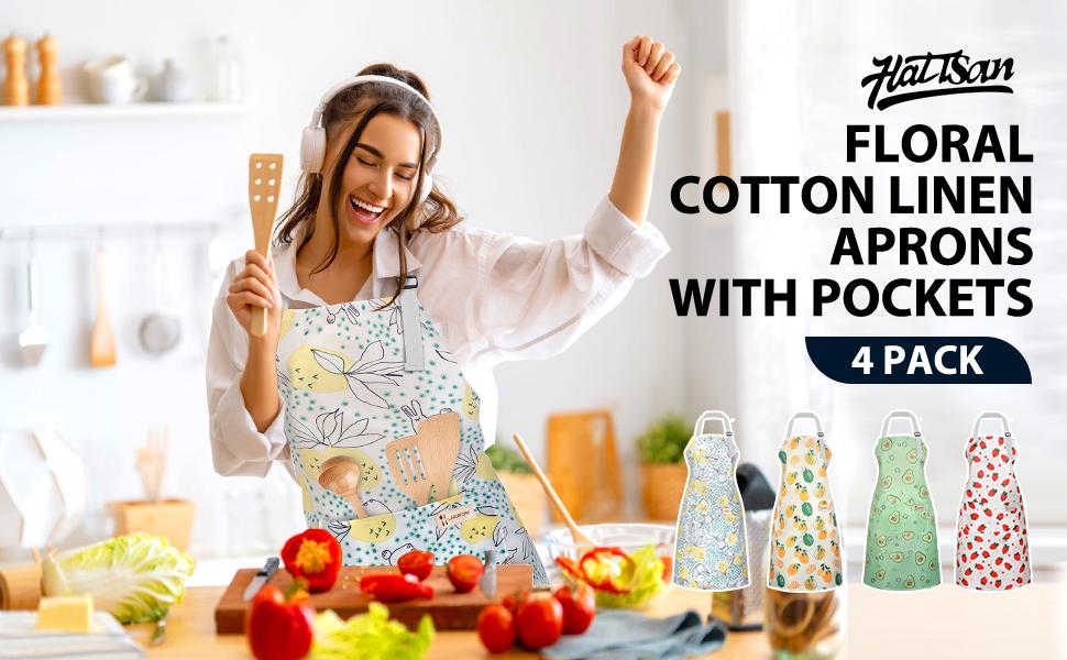 4Packs Apron for Women and Men with Pocket,Comfortable Floral Chef Kitchen Cooking Baking Painting Aprons,Waterproof & Adjustable Strap,Gift for Mom,Ideal for Gardening & Crafting,Cooking & Grilling