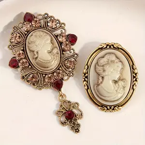 Set of 2 Vintage Boho Style Brooch Pins, 18K Golden Plated Zinc Alloy with Synthetic Rhinestones, Elegant Carved Cameo Design, for Daily Wear & Gift-Giving, Fashion Accessory