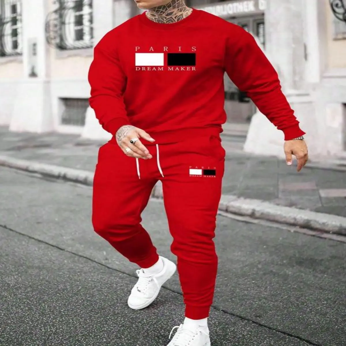 Men's 2-Piece Letter Print Longsleeve Sweater & Drawstring Waist Pocket Jogger Set, Regular Fit Round Neck Pullover, Cozy Breathable Casual Menswear, Ideal Fall, Winter, Sweaters