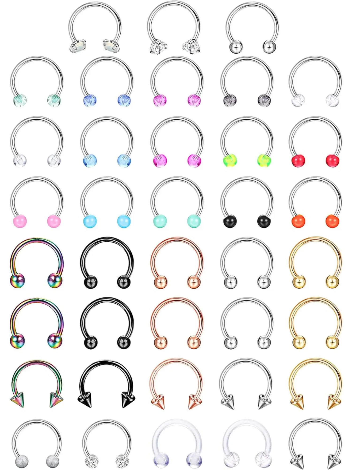 38Pcs Unisex 16G Hypoallergenic Surgical Steel Body Piercing Jewelry Set, Multi-Style Horseshoe Hoops Retainers Nose Rings For Nose Septum Cartilage Helix Tragus Eyebrow Lip Piercings, Trendy Accessories For Daily Rave Festival Cosplay Costume Party