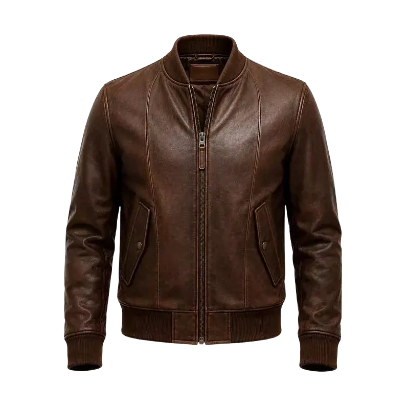 Men’s Brown Leather Bomber Jacket – Classic Zip-Up Ribbed Collar Jacket